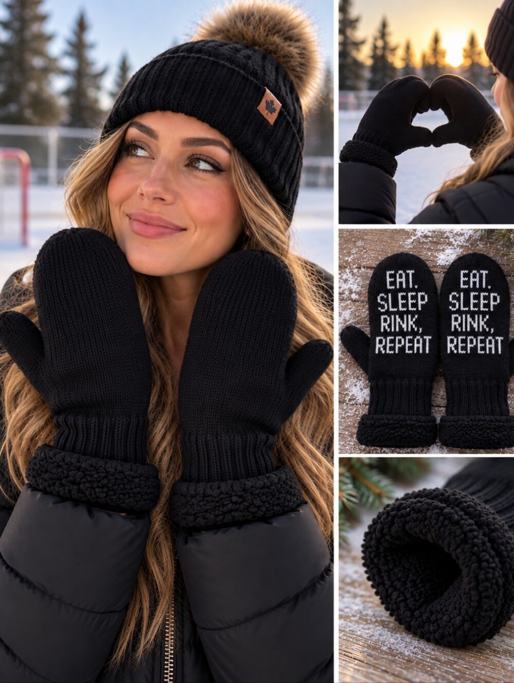 Muskoka Bear Eat Sleep Rink Repeat Sherpa Lined Knit Mittens Black